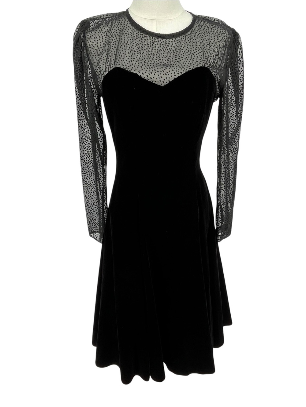 Vintage 80s Karen Lucas for Niki Velvet Dress Sheer Polka Dot Midi 6 Petite